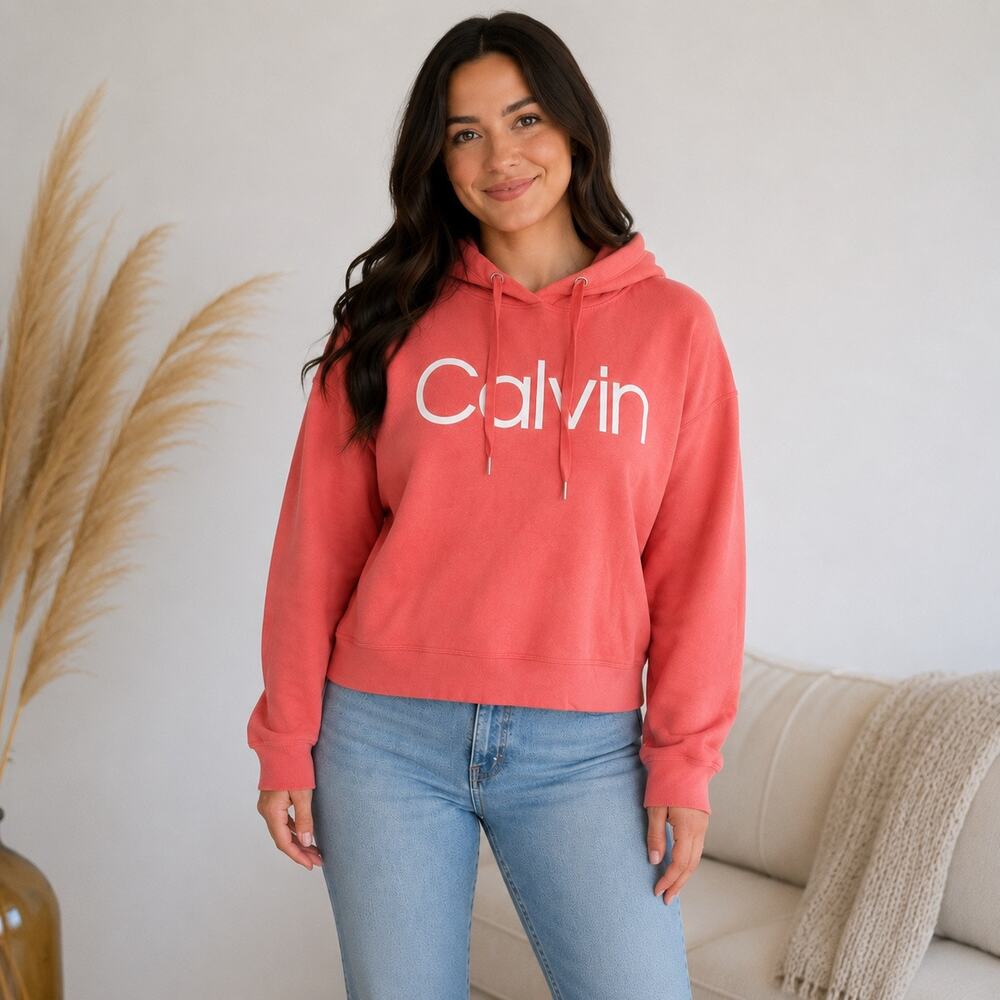 Calvin Klein Jeans Women’s L Coral Pink Logo Hoodie Pullover Sweatshirt Casual